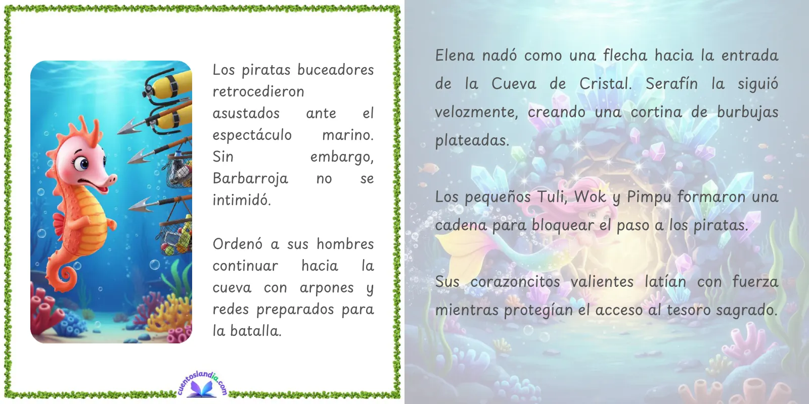 Doble página de «Las Aventuras de la Sirenita Elena y el Delfín Serafín: Piratas en Pacífica»
