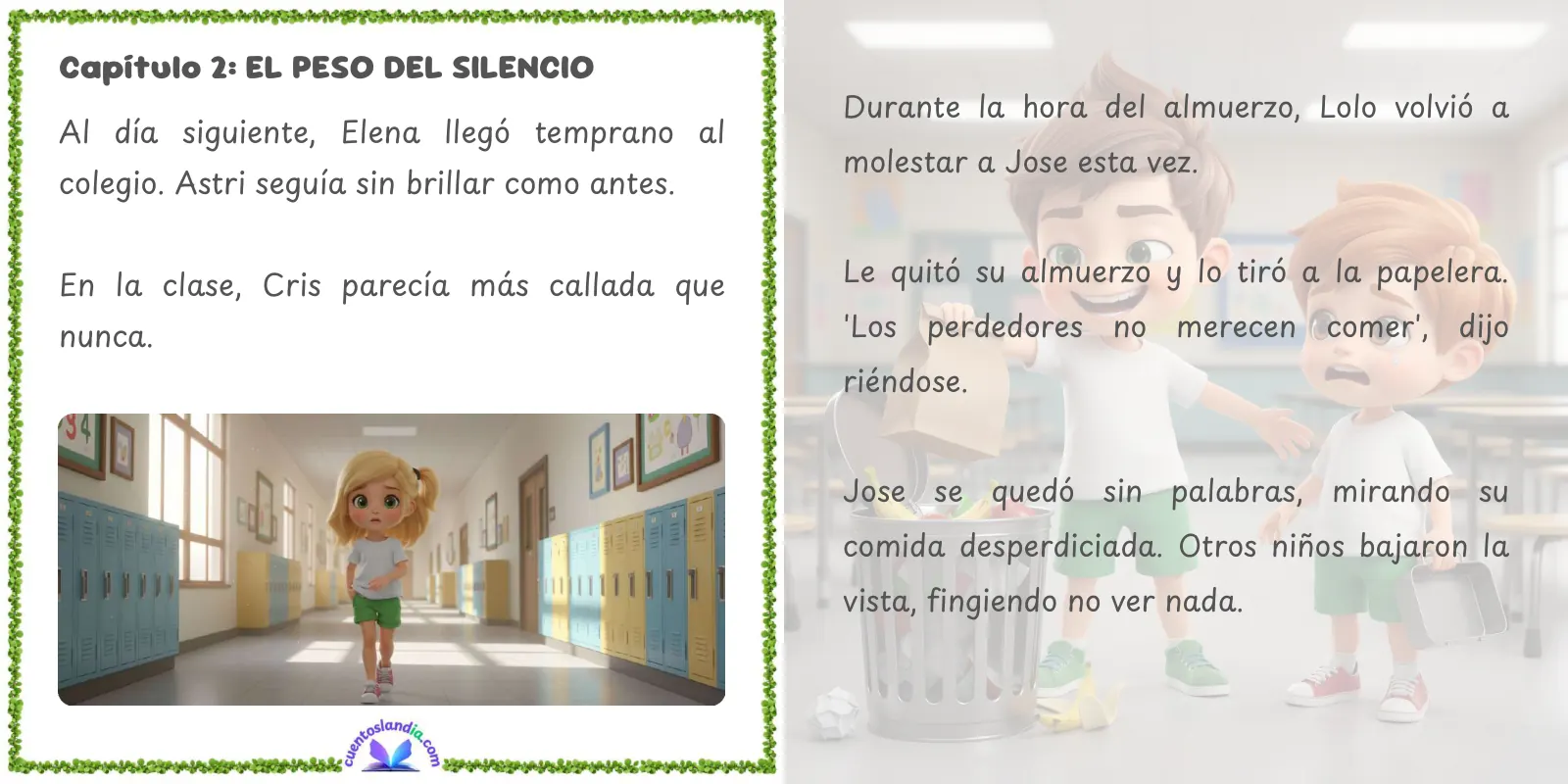 Doble página de «El Valor de Ayudar: Un Brillo Contra el Bullying»