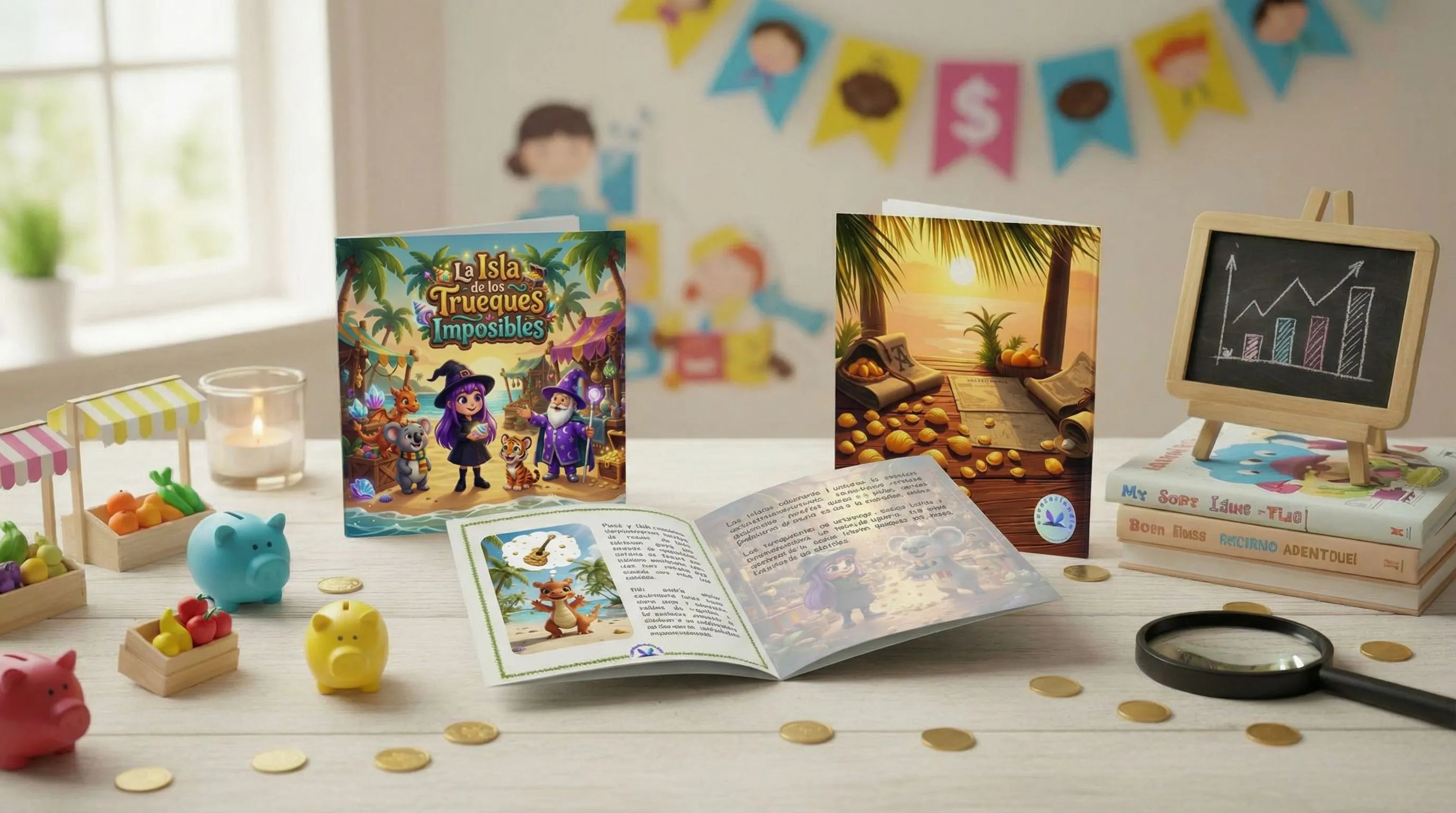 Libro físico personalizado de economía y trueque para niños, rodeado de huchas, monedas y materiales educativos - resultado del cuento de Cuentoslandia