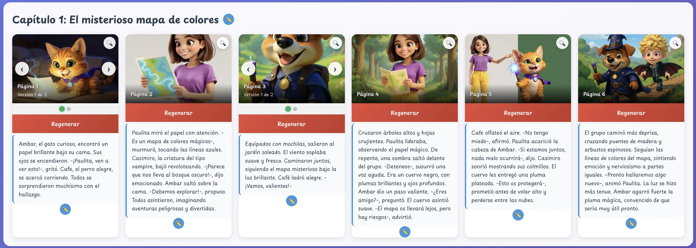 Pantalla de revisión de imágenes y texto antes de generar el cuento final