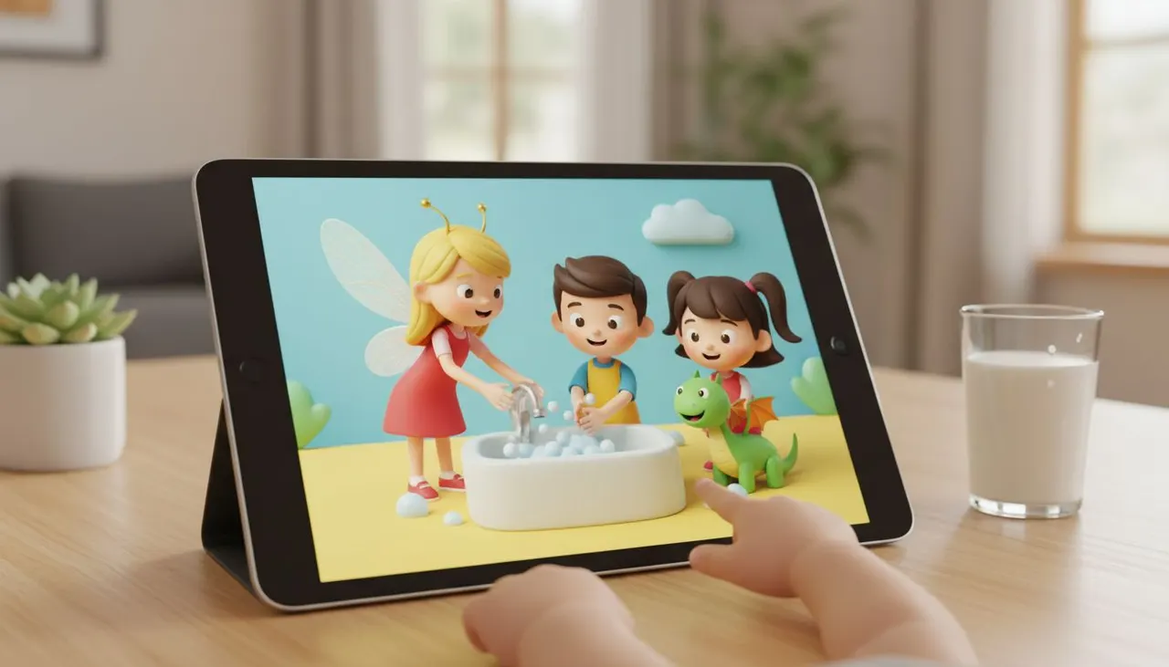 Cuento personalizado de hábitos de higiene abierto en una tablet para leer con los niños