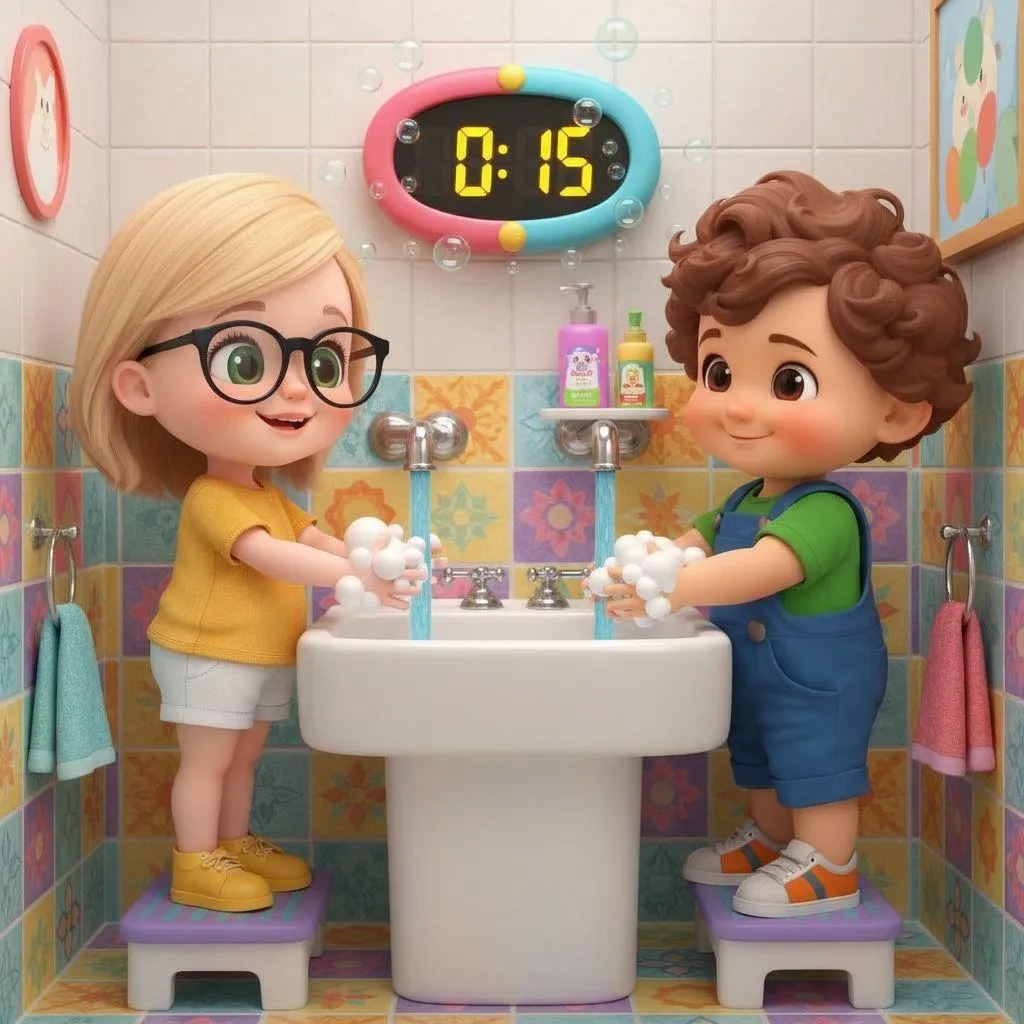 Cata y Miguel lavándose las manos juntos en un cuento personalizado para enseñar hábitos de higiene