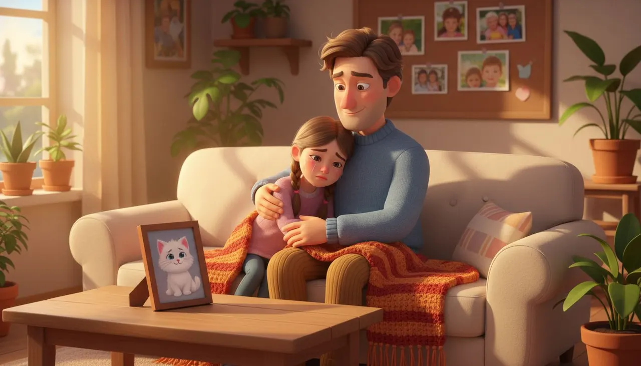 Padre abrazando a su hija que abraza a su perro recordando los momentos juntos en el sofá