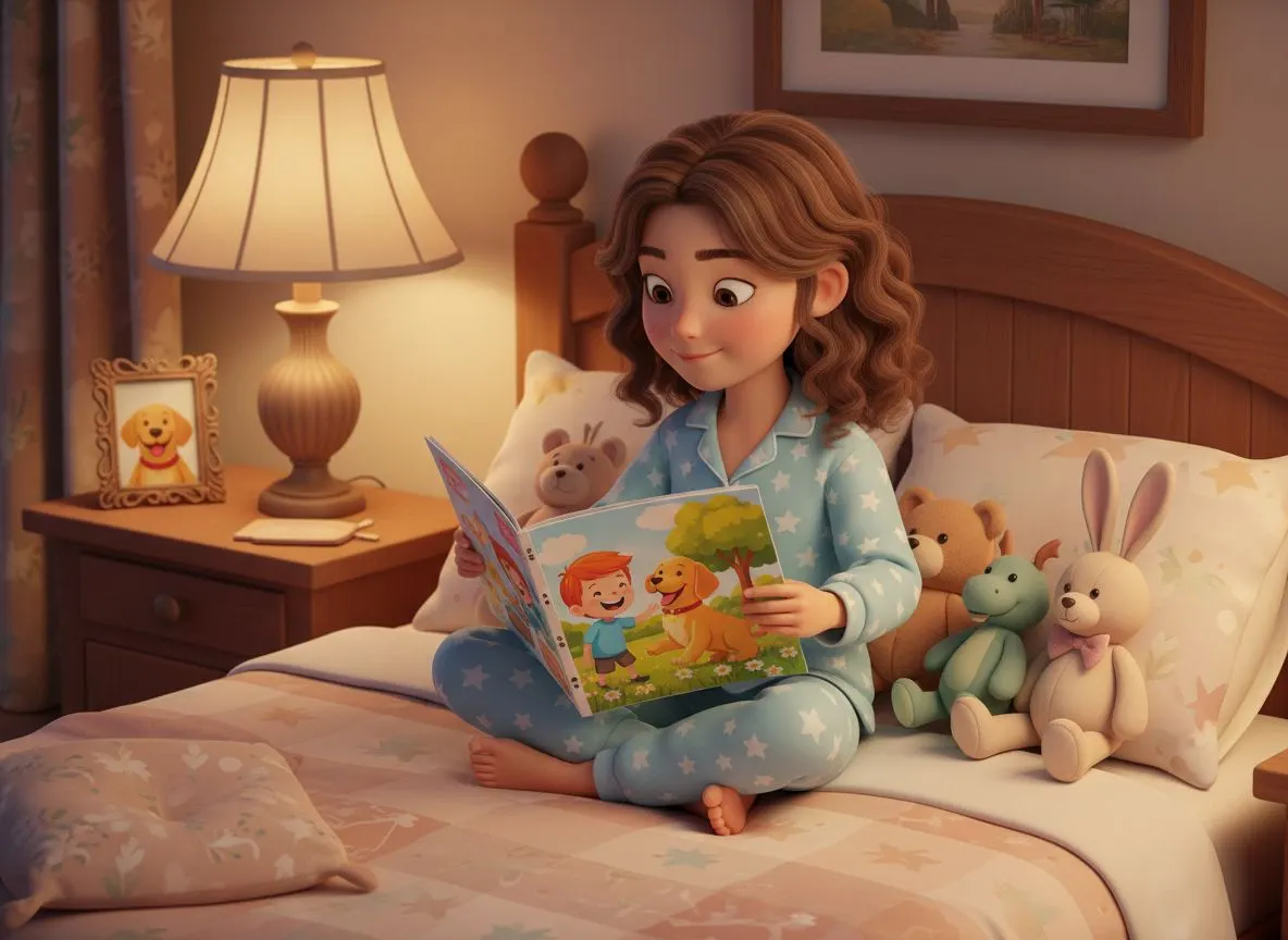 Niña leyendo en su cama el cuento personalizado homenaje a su mascota fallecida con tristeza tranquila