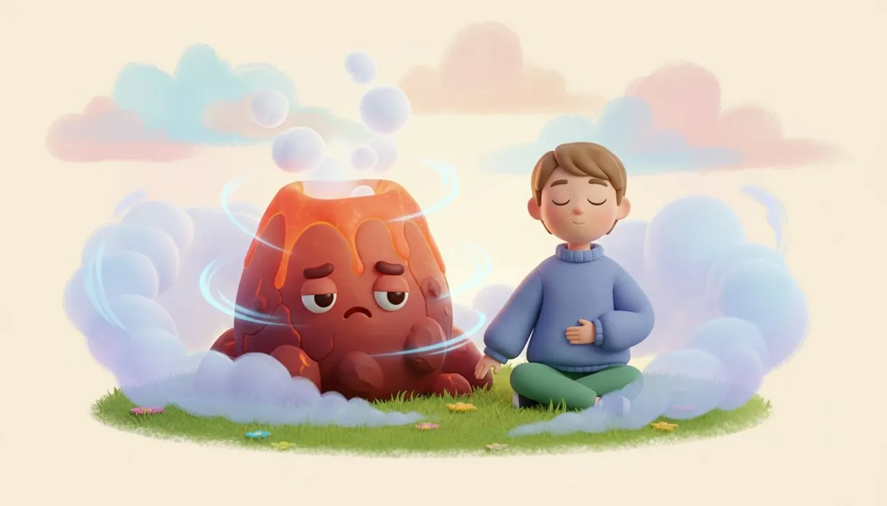 Niño aprendiendo a respirar para calmar el enfado junto a un pequeño volcán amistoso