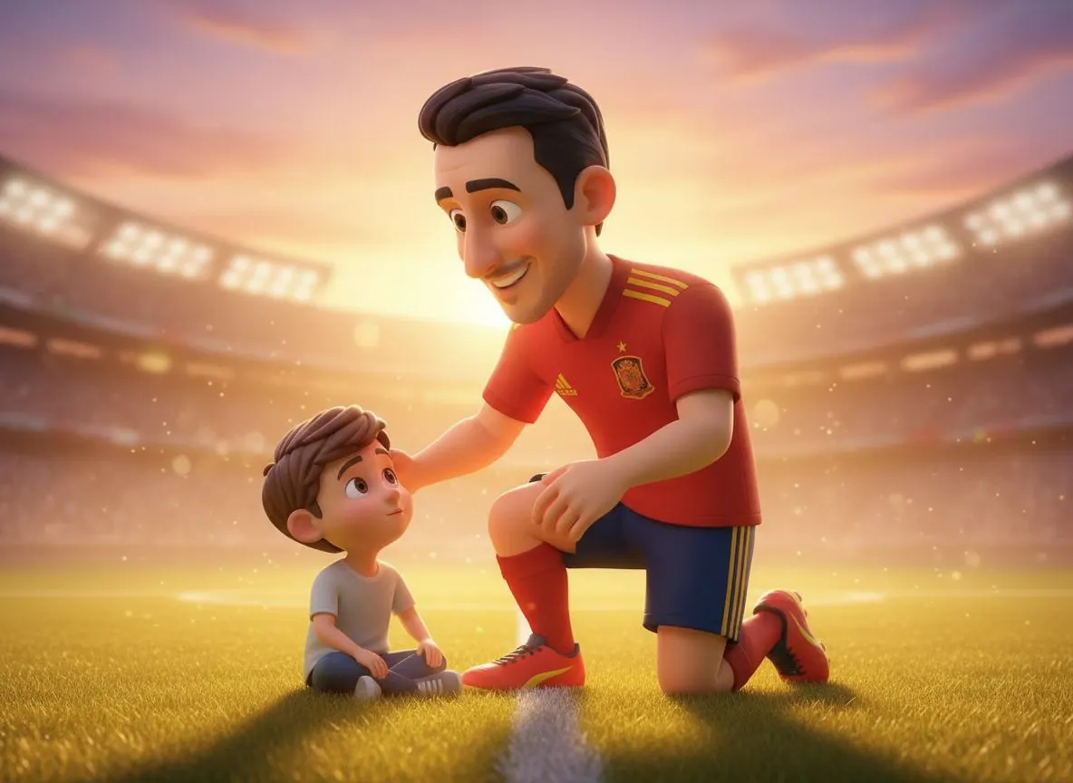 Un futbolista ídolo aconseja a un niño protagonista en su cuento personalizado de fútbol