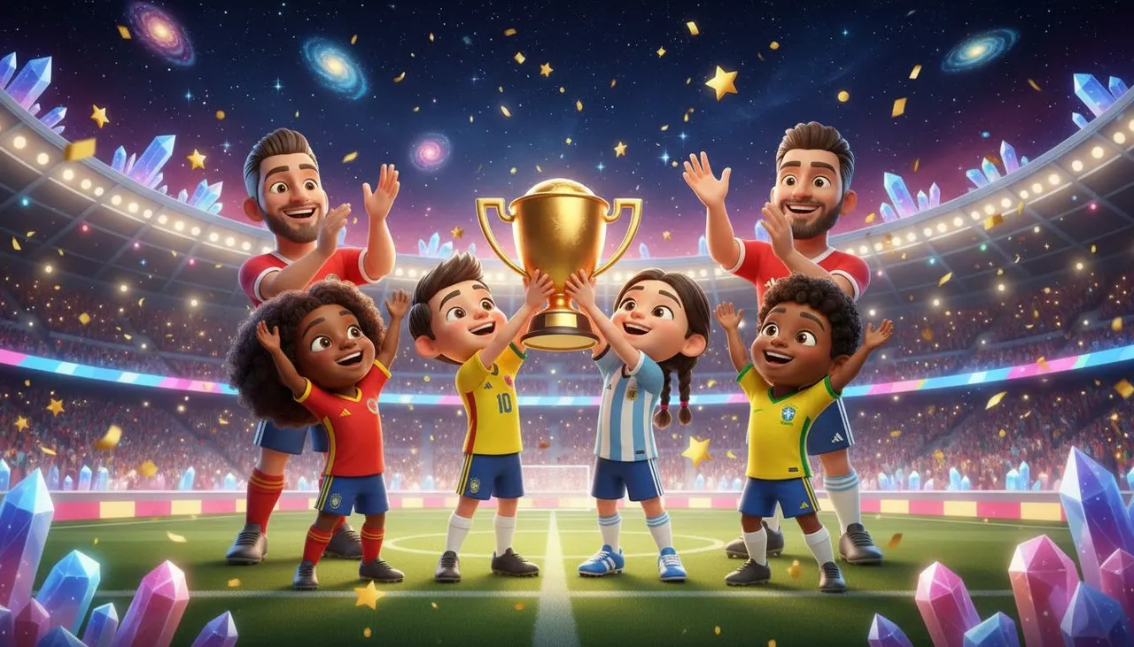 Cuatro niños protagonistas levantan la copa junto a sus futbolistas ídolos en un cuento personalizado
