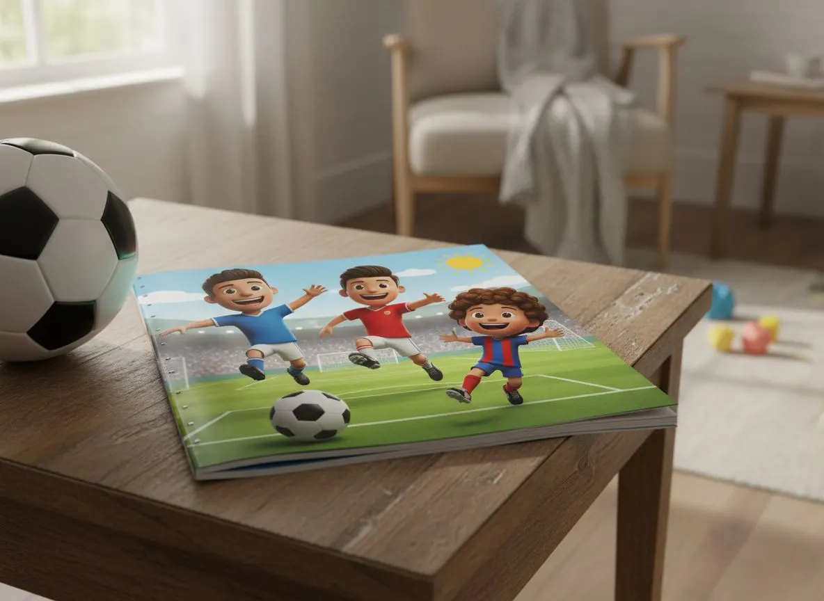 Versión física de un cuento personalizado de fútbol sobre una mesa junto a un balón
