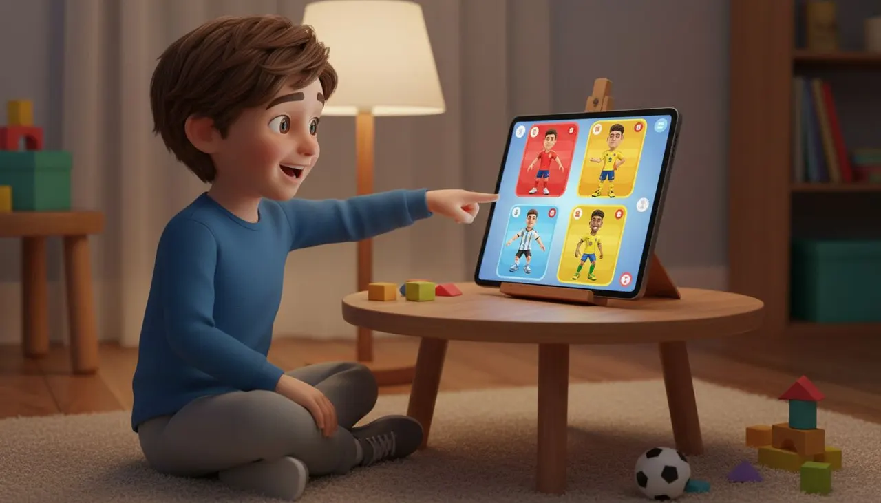 Niño eligiendo un futbolista famoso ya creado del pool de personajes para su cuento personalizado
