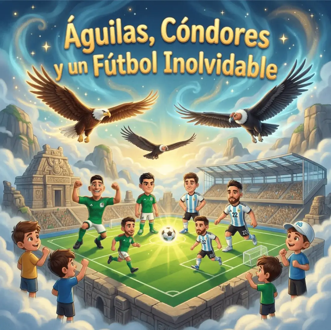 Portada del cuento personalizado del Mundial de fútbol Águilas, Cóndores y un Fútbol Inolvidable