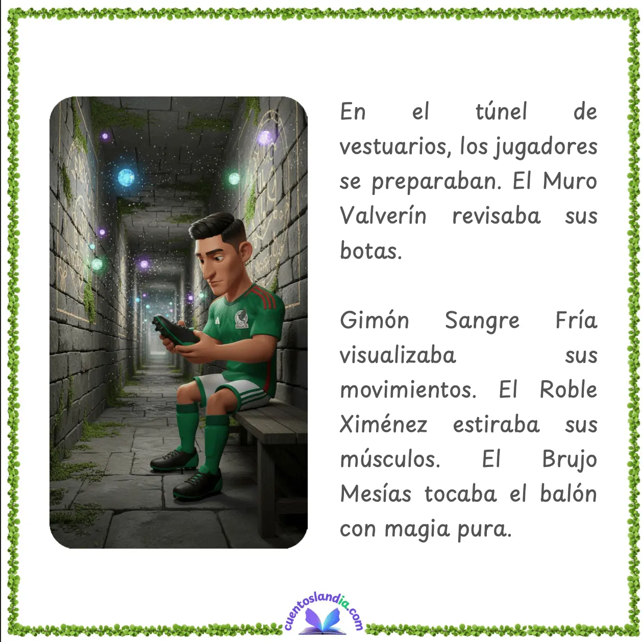 Página de un cuento personalizado de fútbol con ilustración y texto sobre un jugador en el túnel de vestuarios