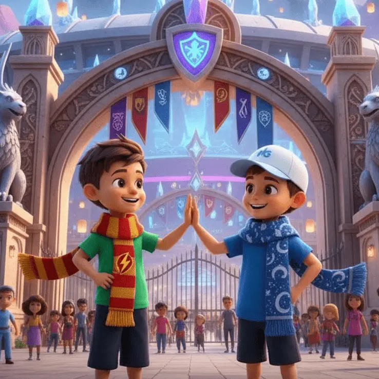 Dos niños chocando la mano frente a un estadio mágico en un cuento personalizado del Mundial de fútbol