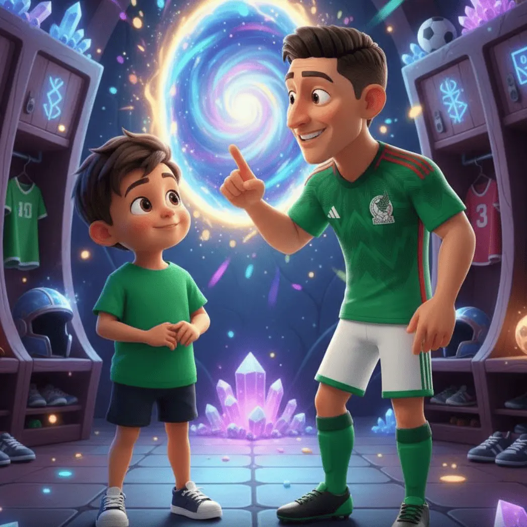 Niño protagonista de un cuento personalizado del Mundial junto a un futbolista ídolo ante un portal mágico
