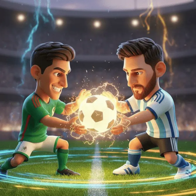 Dos futbolistas ídolos de México y Argentina disputando el balón en un cuento personalizado del Mundial