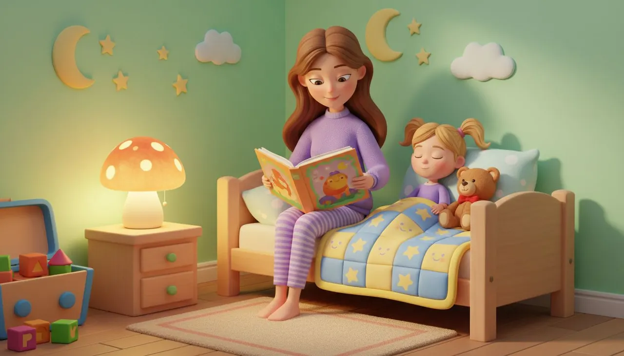 Madre leyendo un cuento personalizado para dormir a su hija en la cama con luz cálida