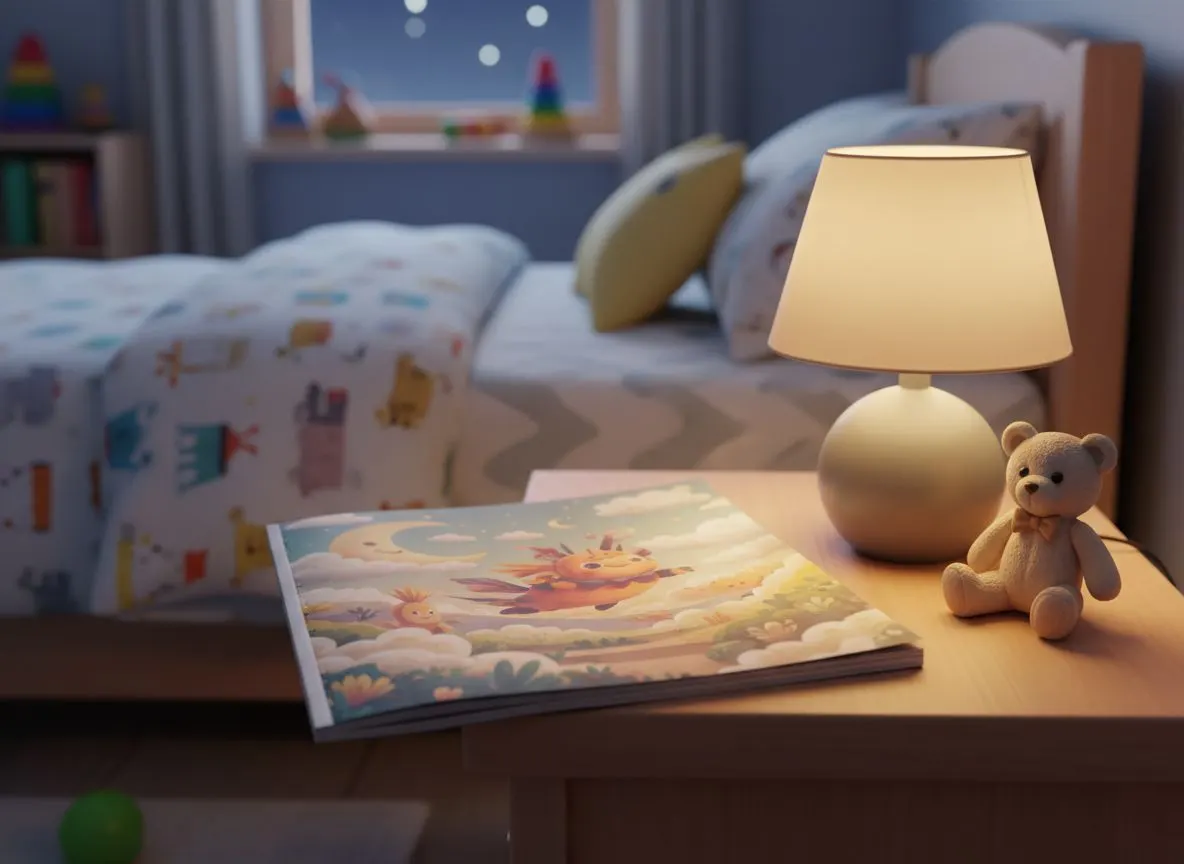 Cuento personalizado impreso sobre la mesilla de noche junto a una lámpara tenue