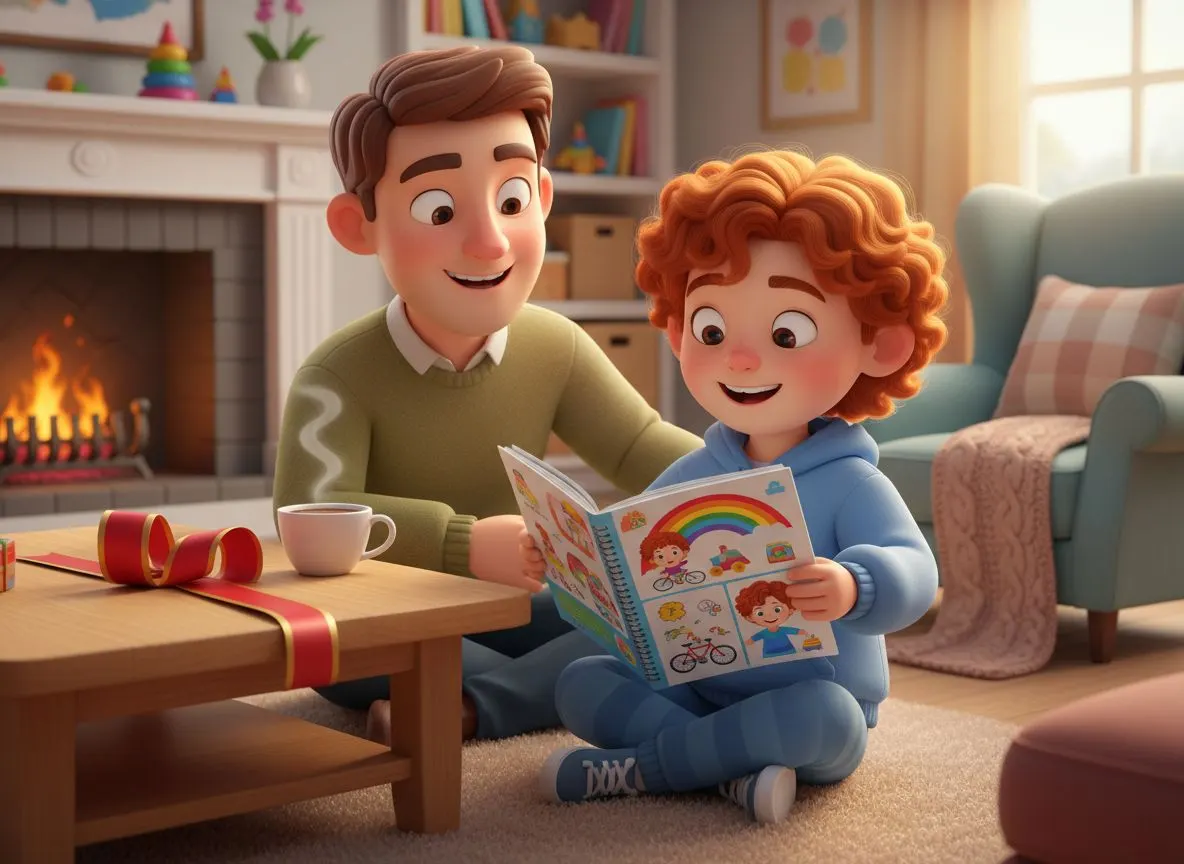 Cuento personalizado en versión física, un libro cuadrado y flexible grapado en manos de un niño