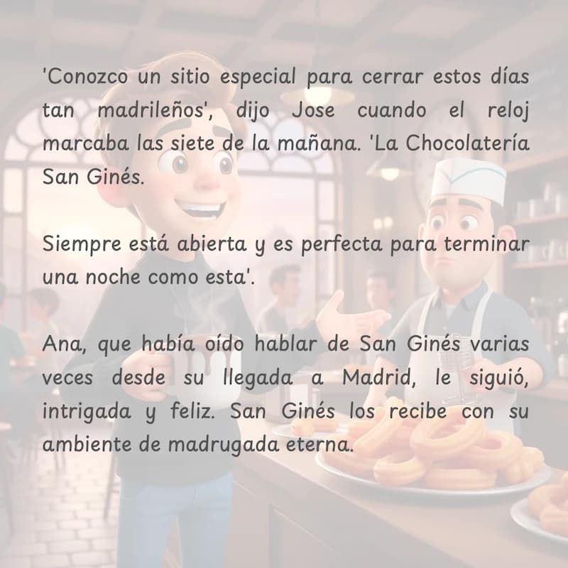Ejemplo de página del cuento personalizado mostrando a José y Ana bajo el Palacio de Cristal durante San Isidro