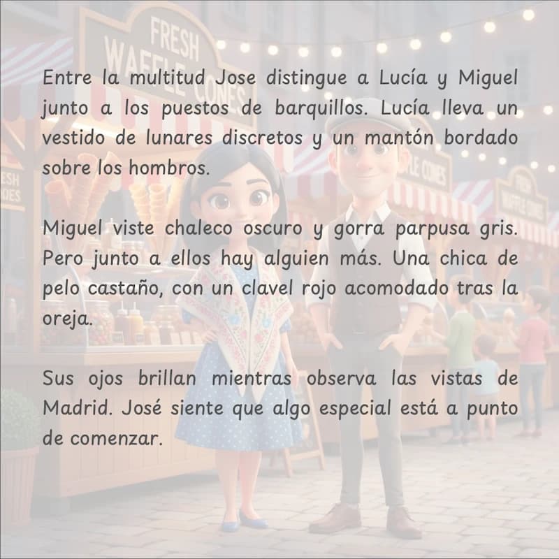 Ilustración del cuento personalizado de San Isidro reproduciendo la escena de José y Ana en las fiestas de Madrid