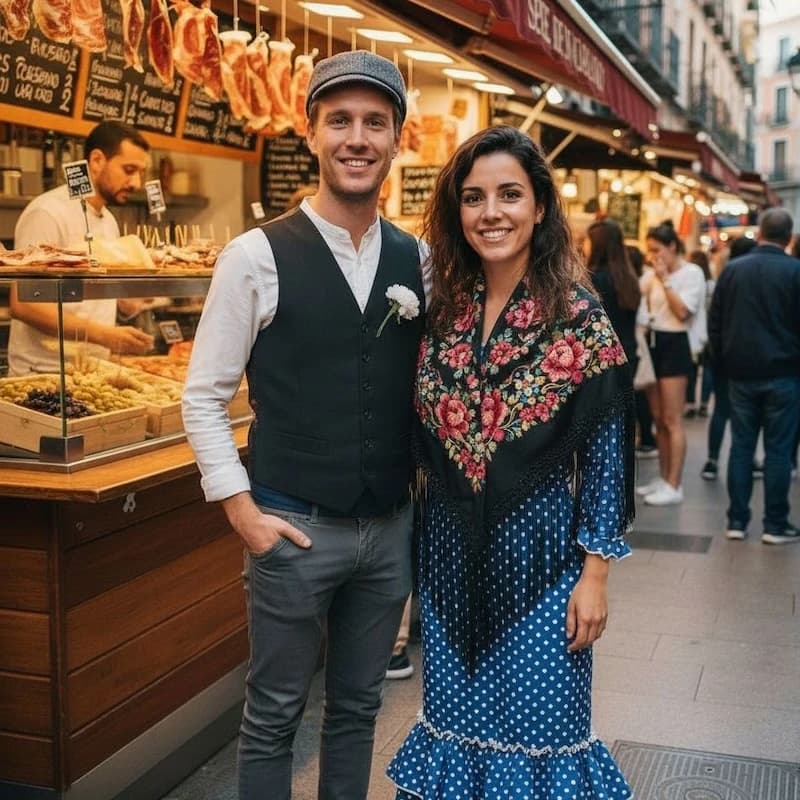 Foto real de José y Ana durante las fiestas de San Isidro en Madrid para crear un cuento personalizado