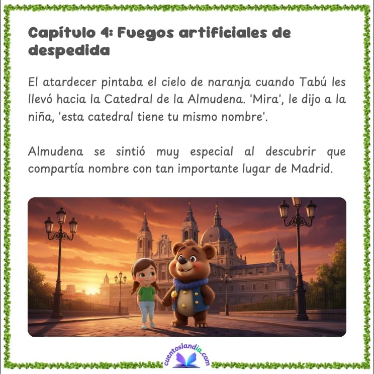 Ejemplo de página del cuento personalizado de San Isidro mostrando la verbena con el chotis y los farolillos de colores