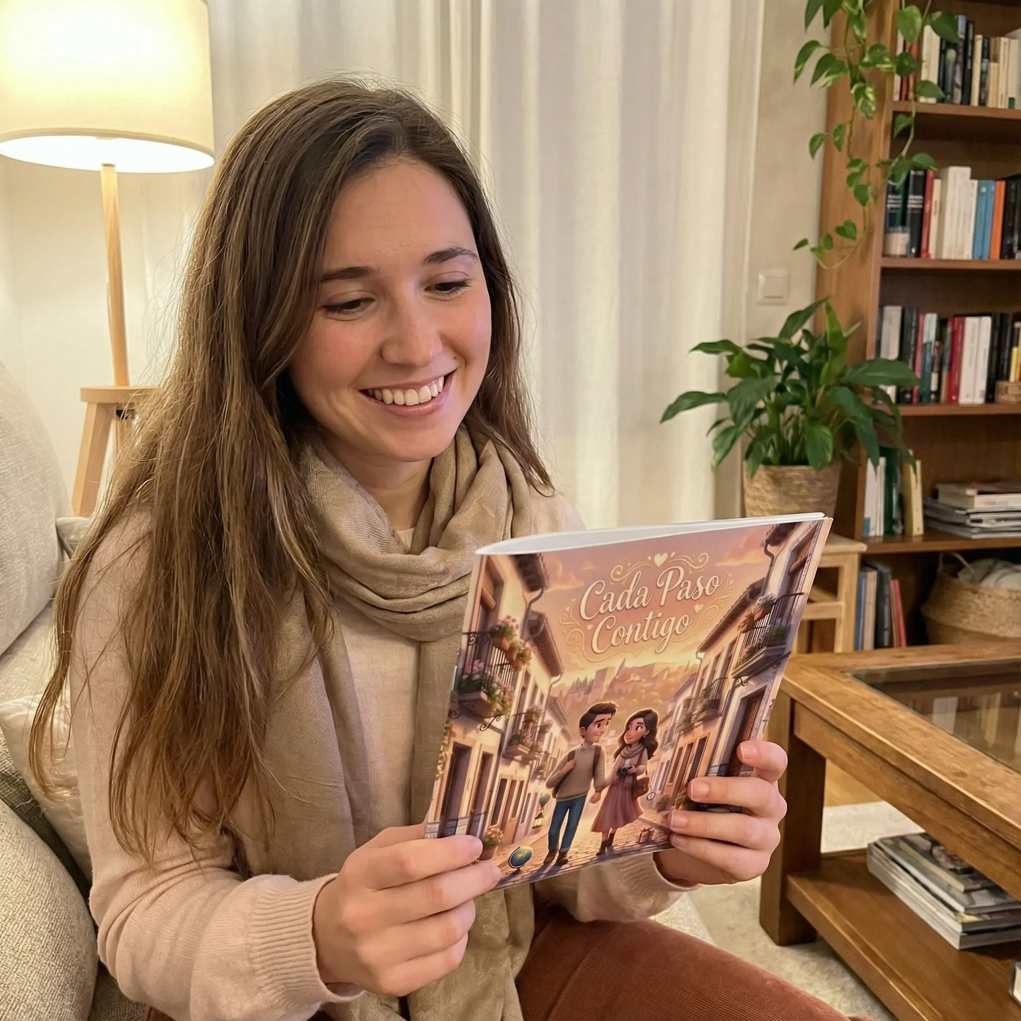 Chica recibiendo el cuento como regalo