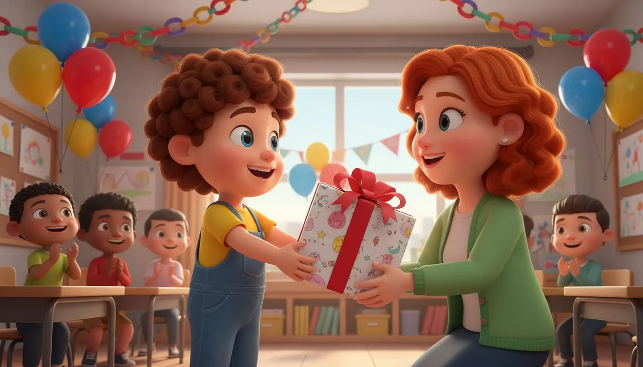 Niño entregando un cuento personalizado de regalo a su profesora el último día de curso