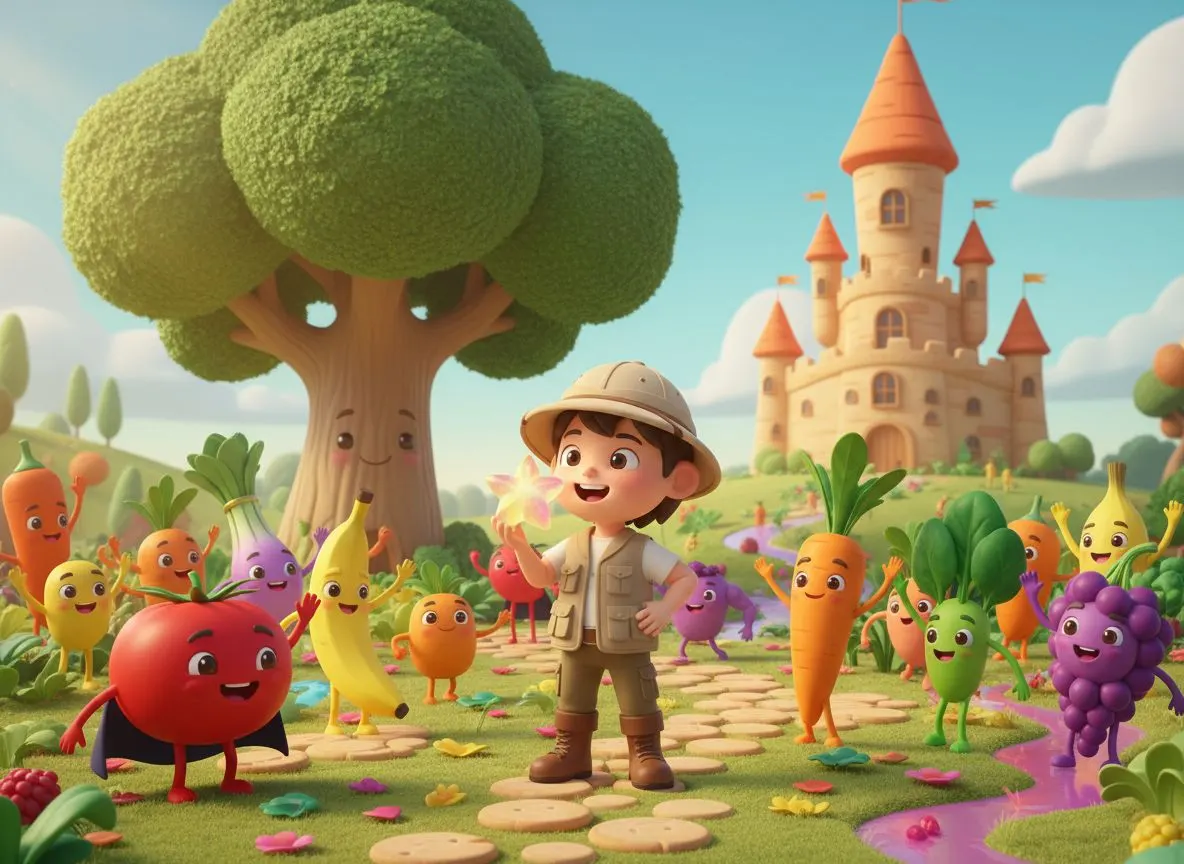 Niño protagonista de un cuento personalizado explorando un reino mágico de alimentos