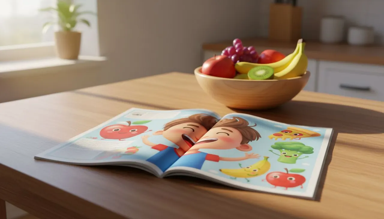 Cuento personalizado para niños que no comen, impreso sobre la mesa de la cocina