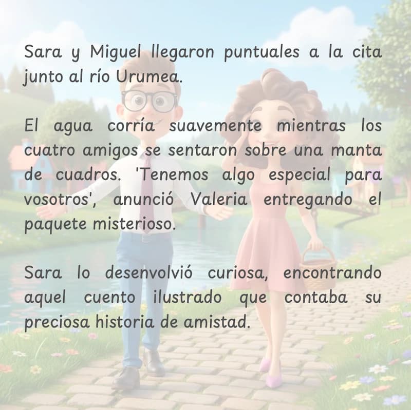 Ejemplo de página del cuento personalizado de bautizo mostrando a los cuatro amigos en San Sebastián con la pequeña Isabela