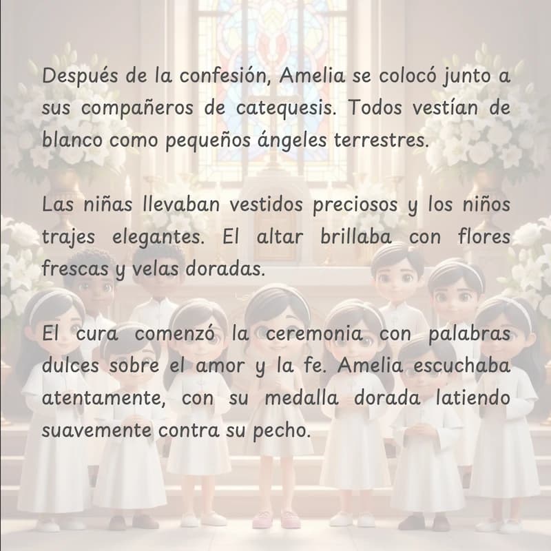 Ejemplo de página del cuento personalizado de primera comunión de Amelia, niña con vestido blanco en el altar de la iglesia