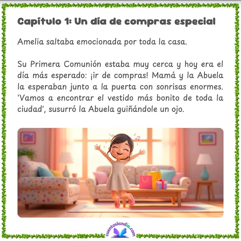 Ejemplo de página del cuento personalizado de primera comunión mostrando la celebración familiar en el jardín con globos dorados