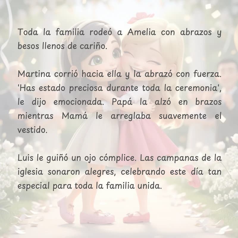 Ilustración del cuento personalizado de primera comunión de Amelia reproduciendo la escena familiar