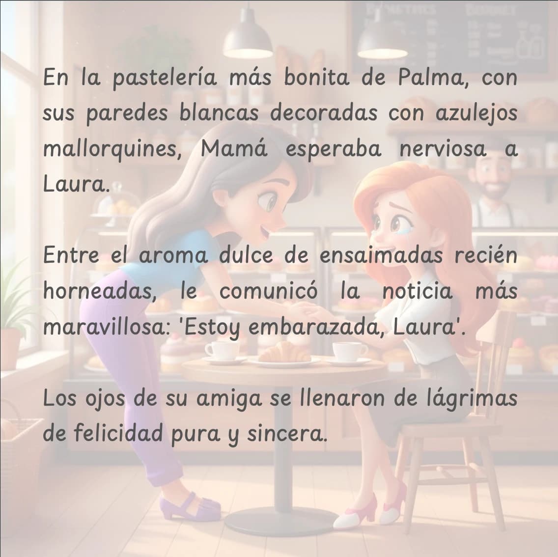 Ejemplo de página del cuento personalizado de primera comunión para la madrina Laura, mostrando a Julia y su madrina en Palma de Mallorca