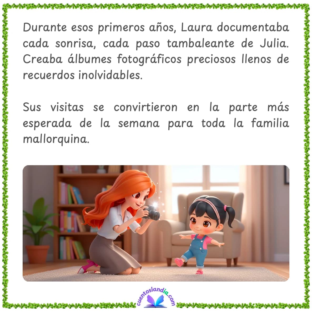 Ejemplo de página del cuento personalizado para la madrina mostrando las aventuras campestres de Julia y Laura entre los almendros de Mallorca