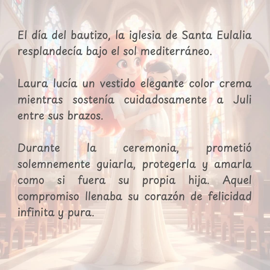 Ilustración del cuento personalizado para la madrina reproduciendo la escena de Julia y Laura en Mallorca