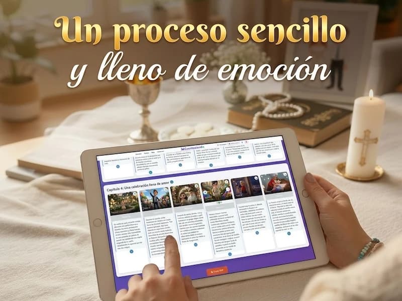 Wizard de creación del cuento personalizado de primera comunión de Amelia, configurado por su abuela en Cuentoslandia