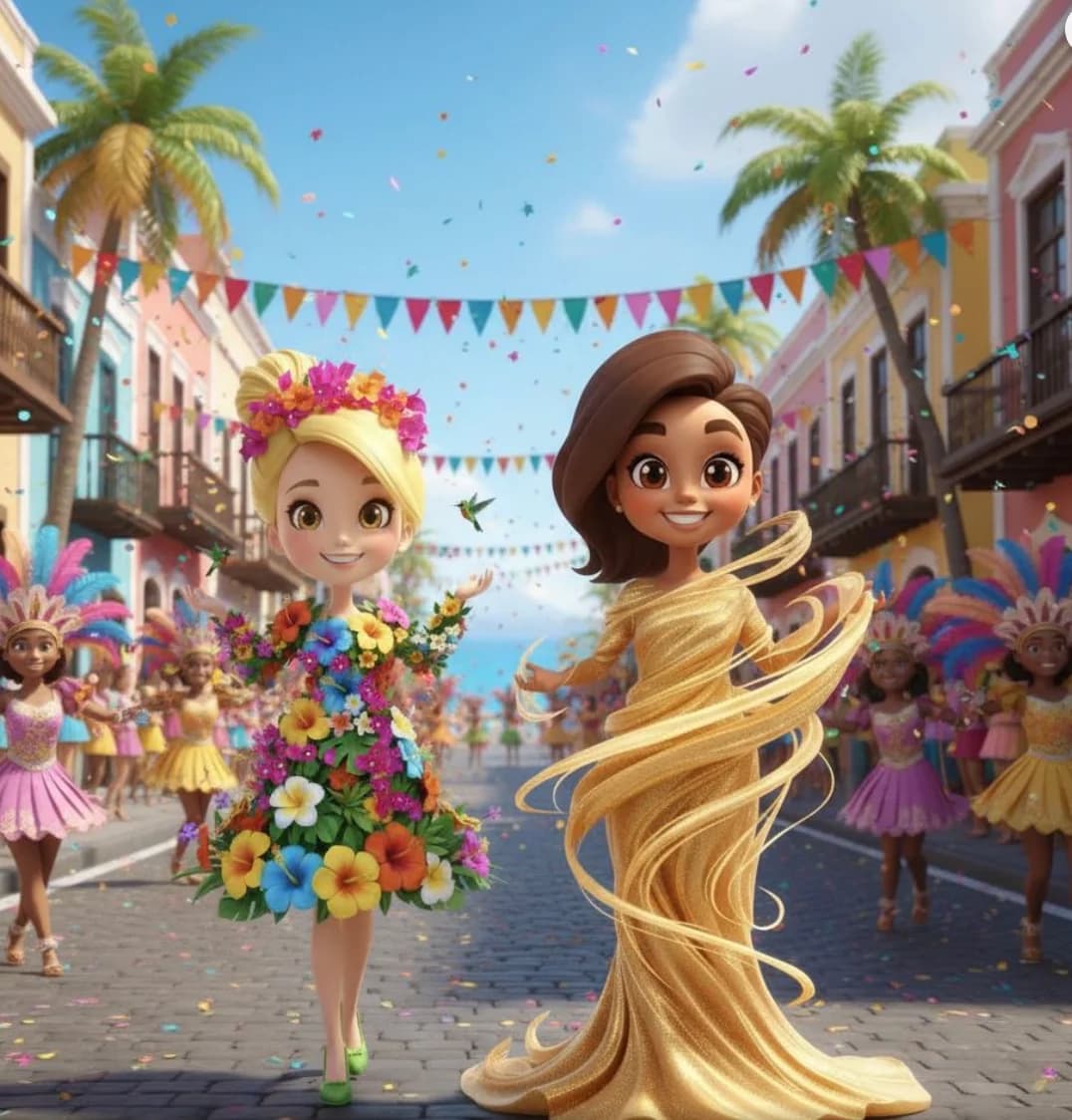 Ilustración IA del cuento mostrando las reinas del carnaval de Canarias