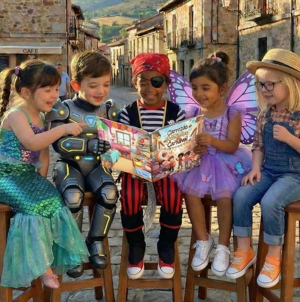 Los cinco amigos leyendo juntos el cuento personalizado con sus disfraces de Carnaval