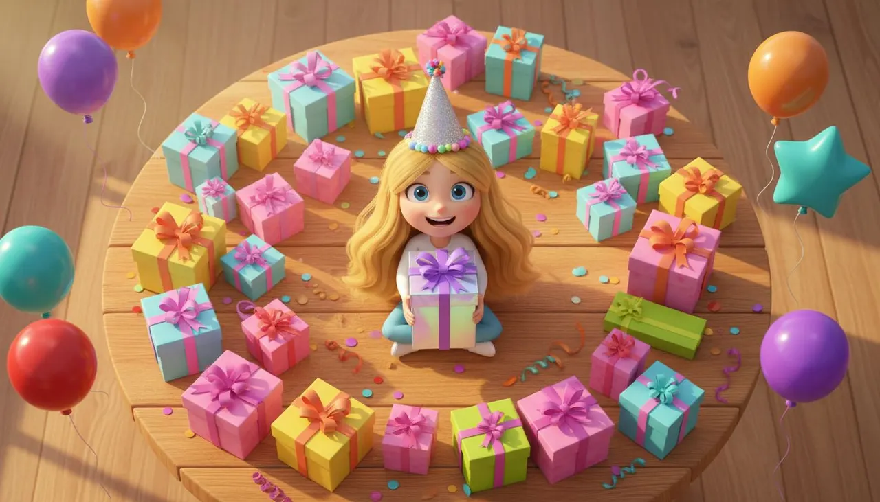 Niño abriendo un regalo de cumpleaños original, rodeado de regalos típicos sobre la mesa