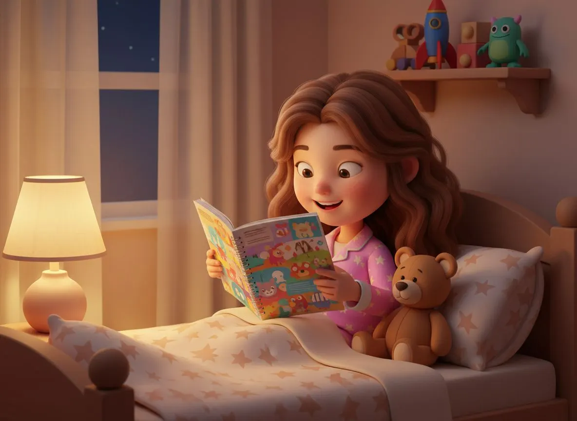 Niña leyendo en la cama su cuento personalizado de cumpleaños, regalo que se vuelve a leer años después