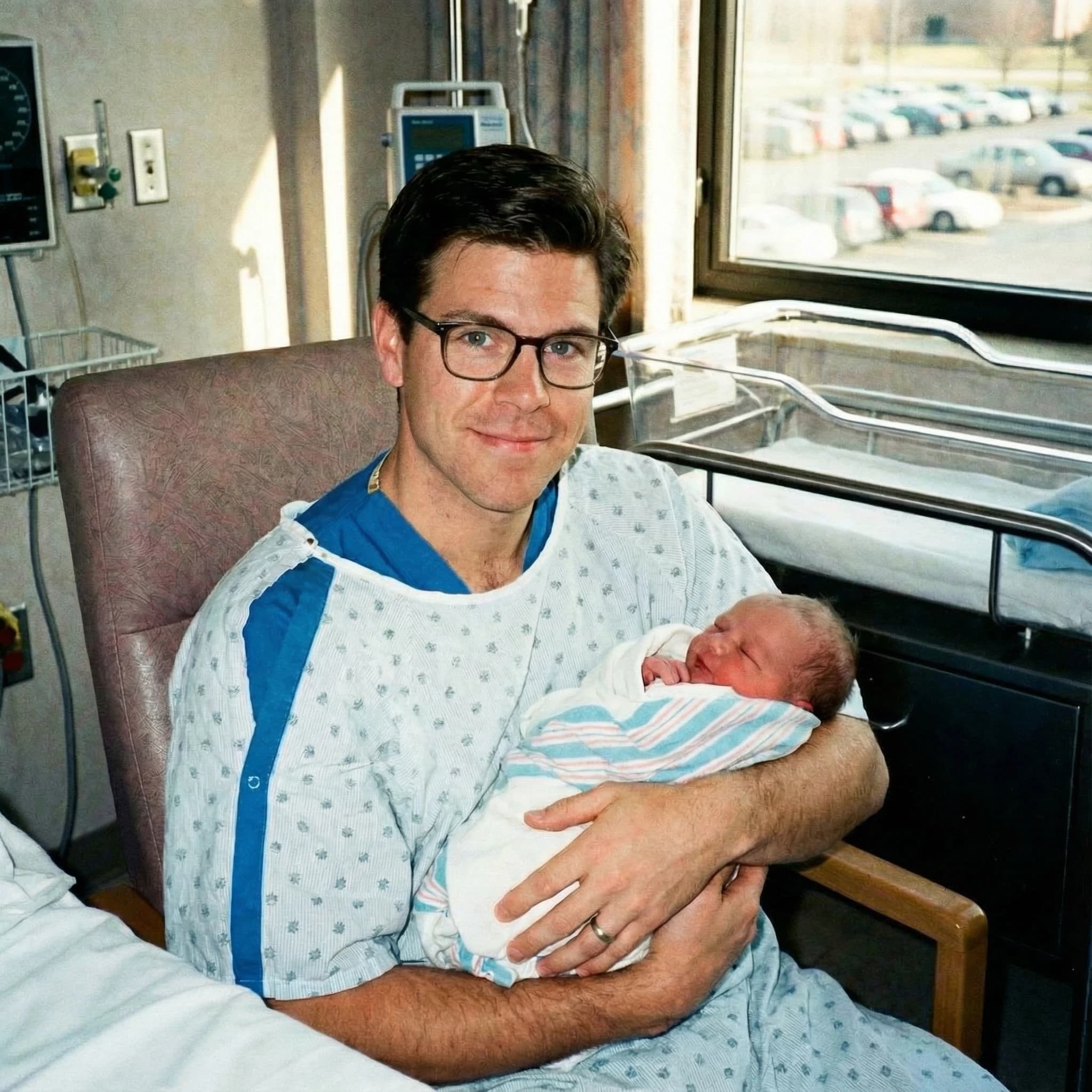 Foto real del momento del nacimiento - padre sosteniendo a su hija recién nacida en el hospital