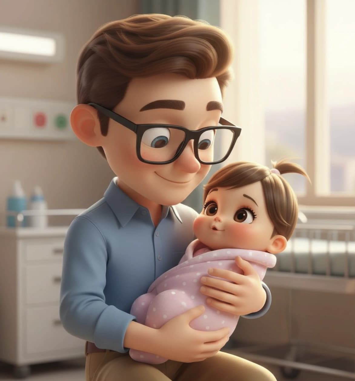 Ilustración IA del momento del nacimiento capturada en el cuento personalizado del Día del Padre