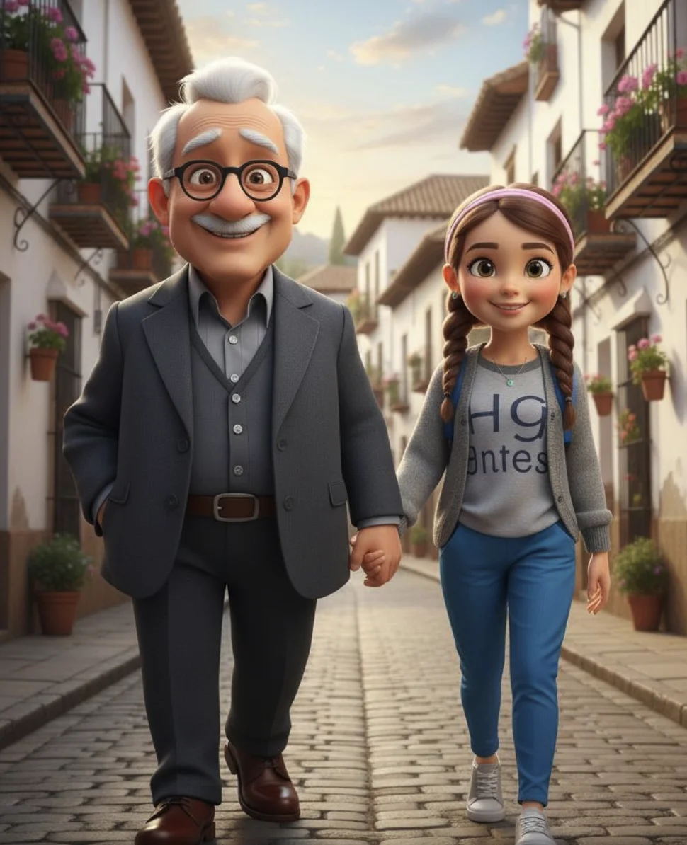 Ilustración IA de la familia en Navidad en Granada - página del cuento personalizado del Día del Padre