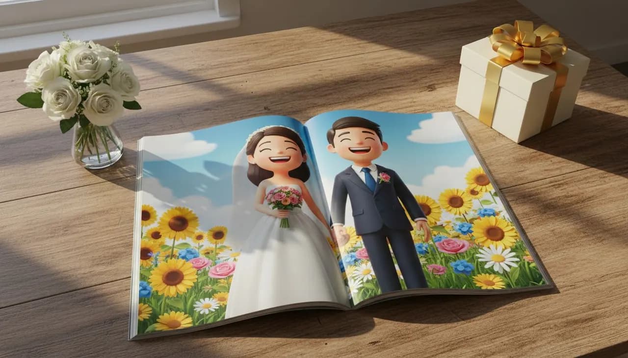 Cuento personalizado de boda como regalo único para los novios, con los recién casados como protagonistas