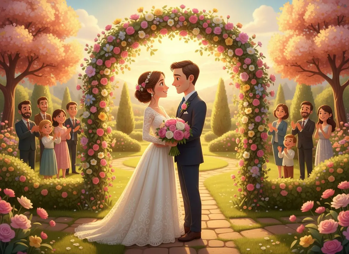 Pareja de recién casados leyendo emocionados su cuento personalizado de boda regalo