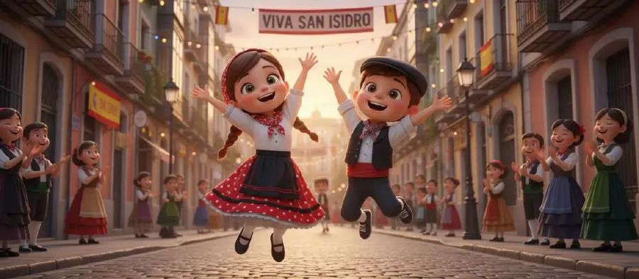 Dos niños vestidos de chulapos bailan en mitad de una calle engalanada con un cartel de «Viva San Isidro» y vecinos aplaudiendo