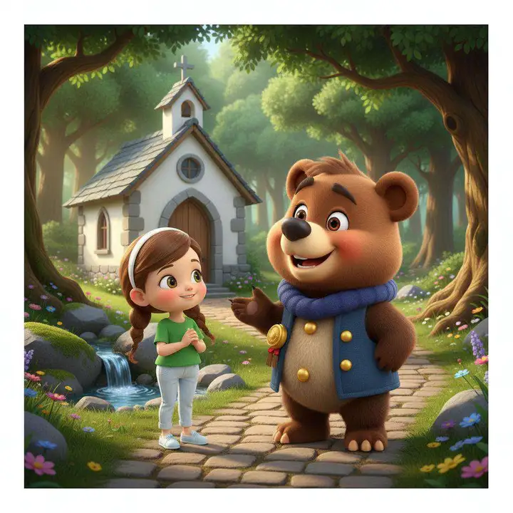 Una niña y un oso conversan en un sendero empedrado frente a una pequeña ermita blanca rodeada de árboles