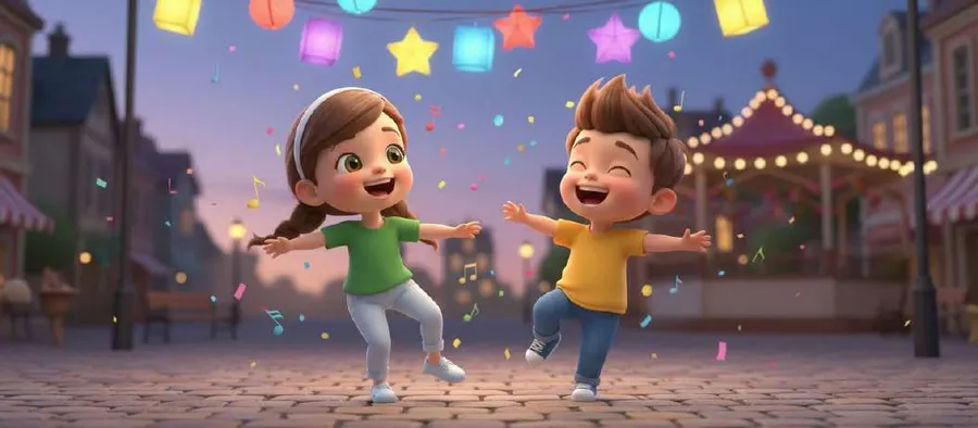 Dos hermanos giran bailando bajo guirnaldas de luces en una plaza durante la verbena nocturna