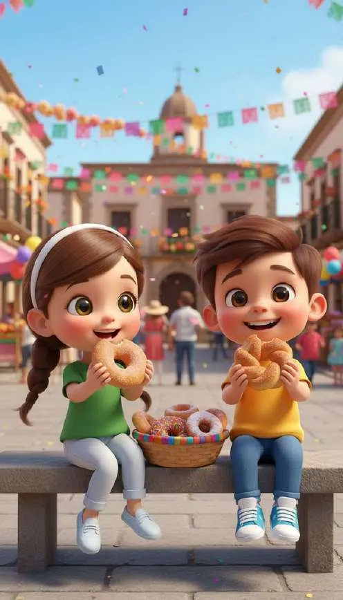 Dos niños sentados en un banco comen rosquillas de una cesta, con una iglesia y banderines de fiesta al fondo
